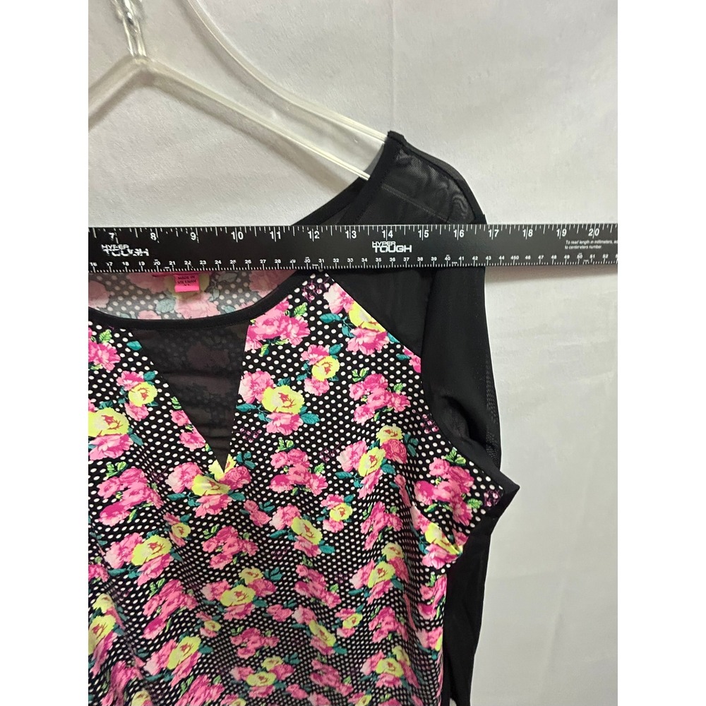 Betsey Johnson Womens XL Floral Polka Dot Mesh Long Sleeve Top Black Pink V-Neck - Picture 2 of 12